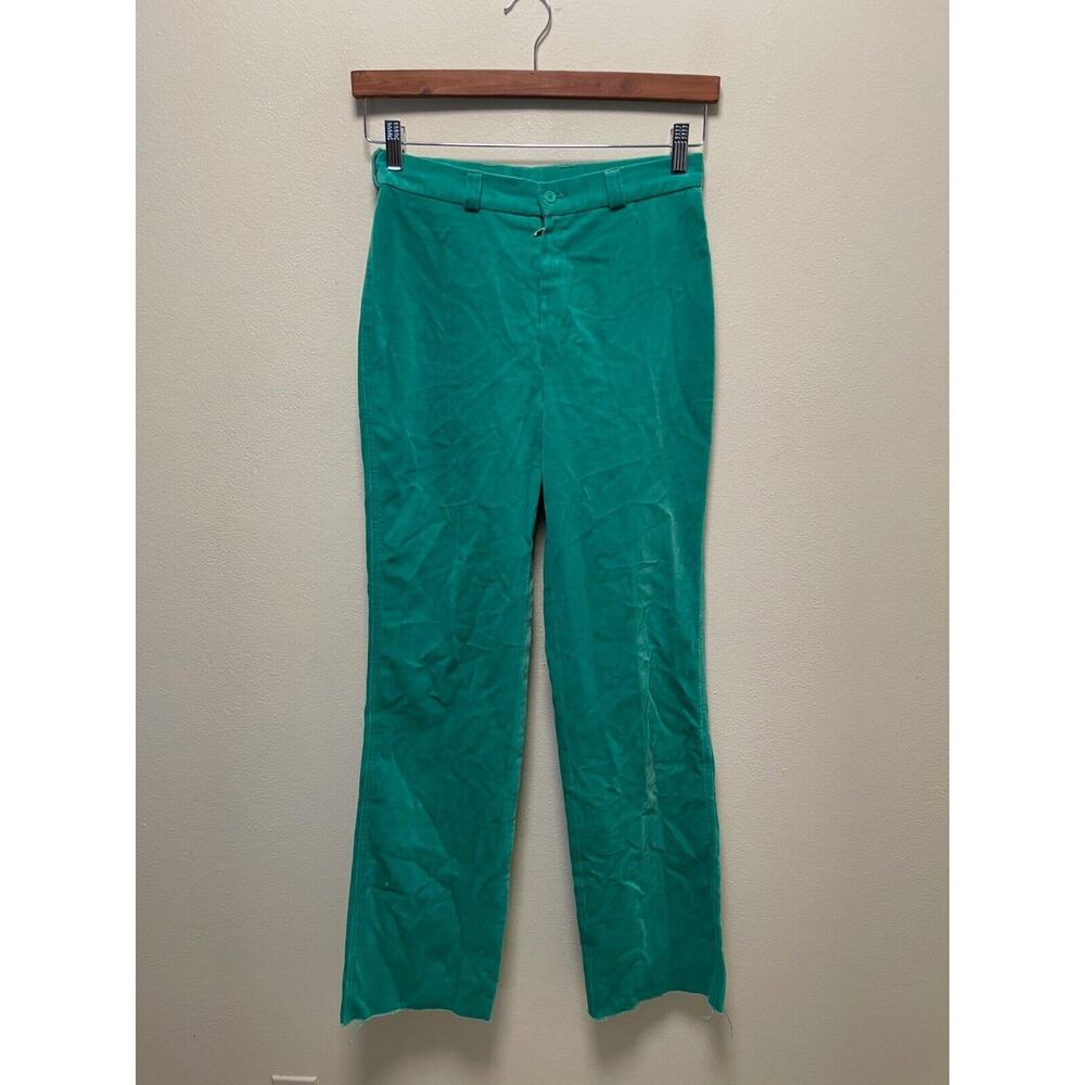 Vintage Womens Trousers Size 28 Green Velour High Rise Straight Leg Retro 70s